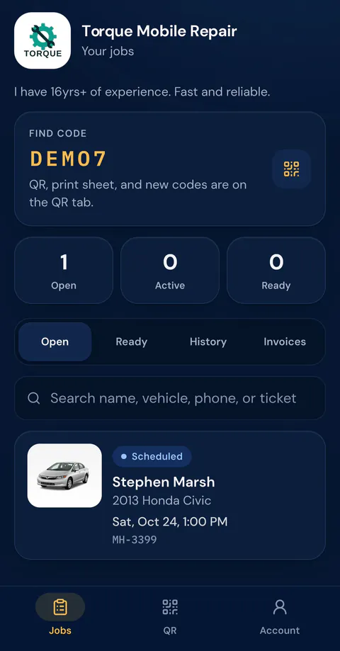 The Torque Mobile Repair jobs board: the shop's logo, its find code, open, active and ready counts, and one scheduled job.