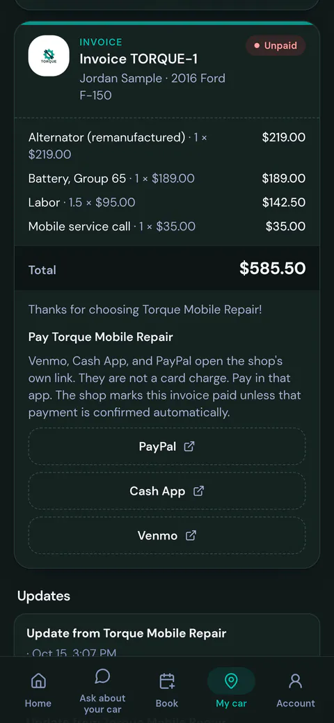 A customer's invoice from Torque Mobile Repair: parts, labor and a total of $585.50, with buttons to pay by PayPal, Cash App or Venmo.