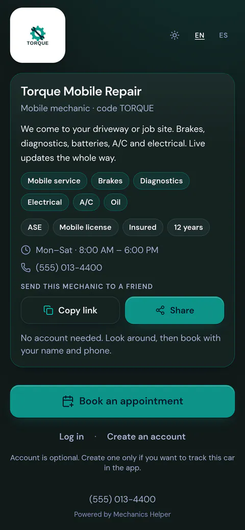 A mobile mechanic's booking page: the Torque Mobile Repair logo, services such as Brakes and Diagnostics, hours, a Book an appointment button and the note No account needed.