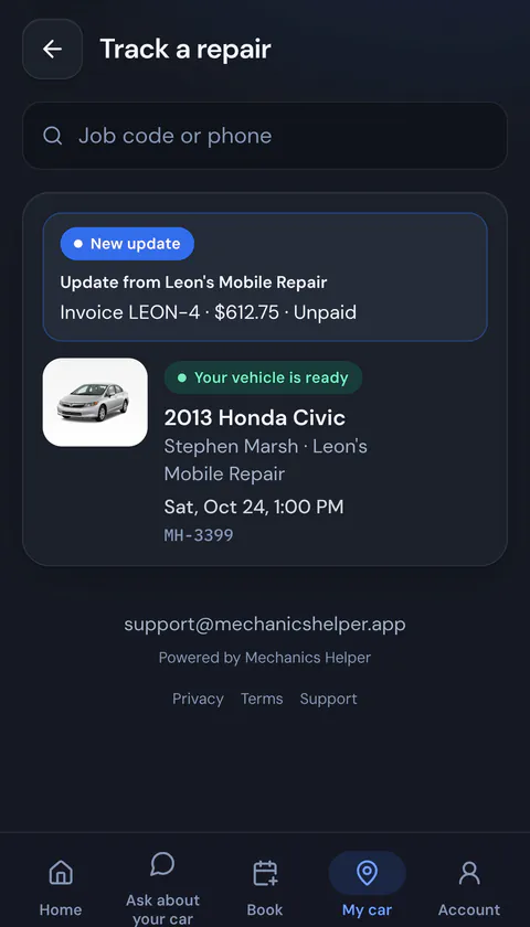 A customer's repair page from a real mobile mechanic in dark mode, with the shop's logo at the top, a new invoice update under the shop's name, and a Your vehicle is ready card.