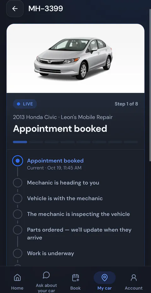 A customer's phone tracking a repair live: Appointment booked, step 1 of 8, with the steps still to come.